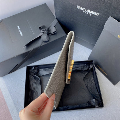 UPTOWN POUCH 27 IN PASTEL GRAY CROCODILE-EMBOSSED SHINY CALFSKIN GOLD LOGO