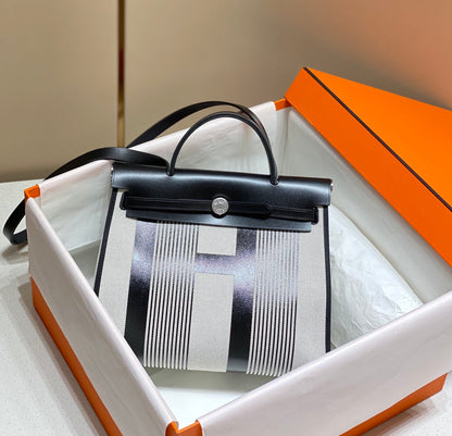 Herbag 31 Toile White Black Canvas Black Cowhide Leather