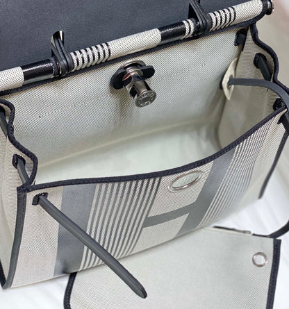 Herbag 31 Toile White Black Canvas Black Cowhide Leather