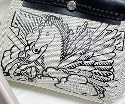 HM Pegase Pop Herbag Zip 31 White Black Canvas Black Cowhide Leather