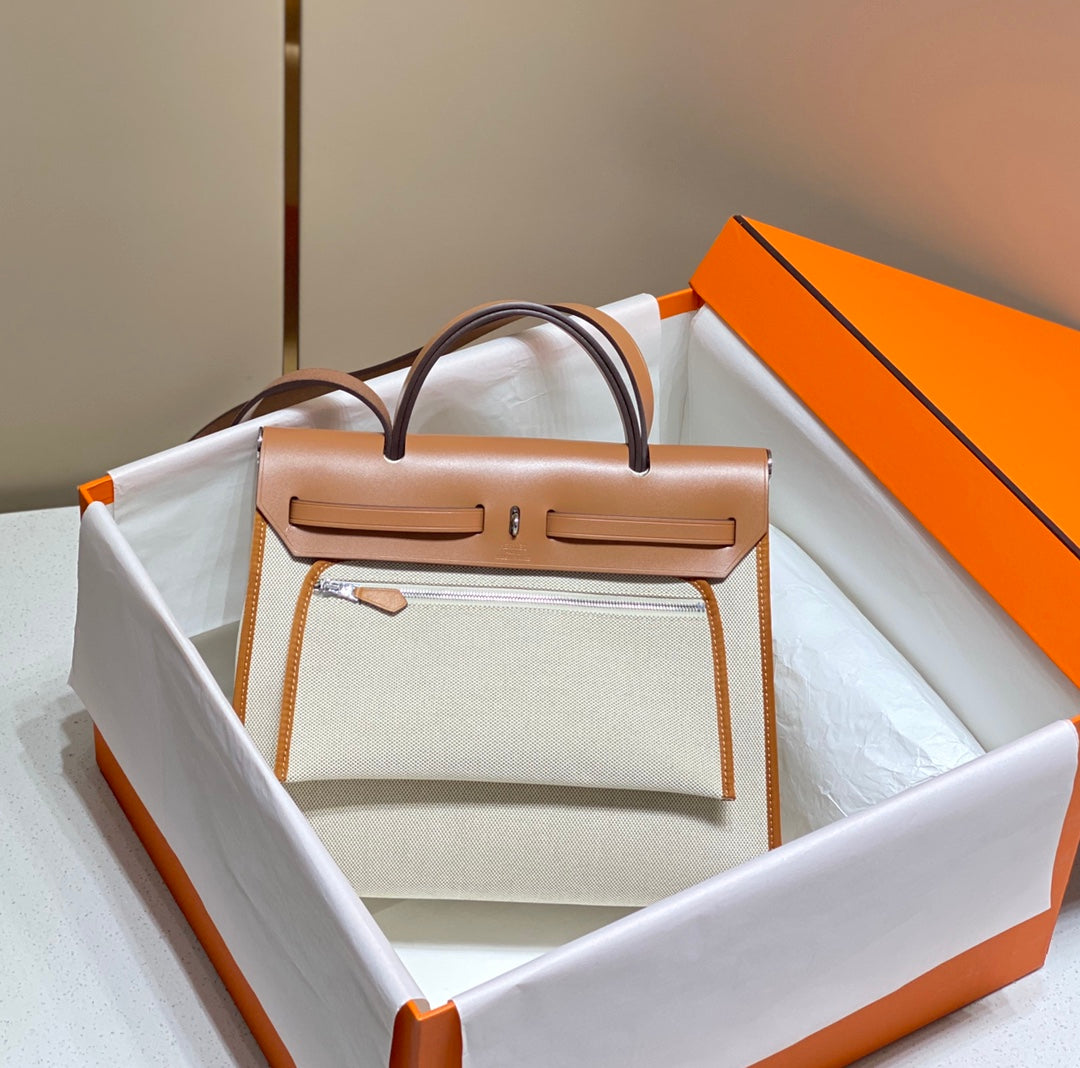 Herbag 31 Toile White Canvas Gold Cowhide Leather