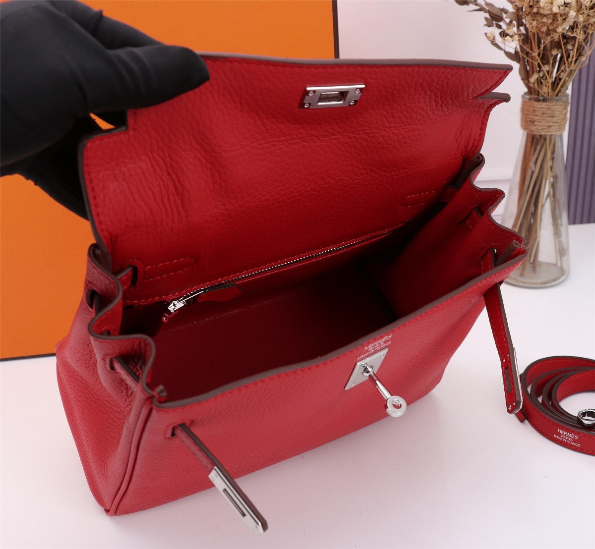 HM KELLY BAG 28 RED TOGO SILVER HARDWARE