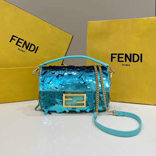 BAGUETTE MINI 19 IN BRIGHT TURQUOISE SEQUINS GOLD HARDWARE