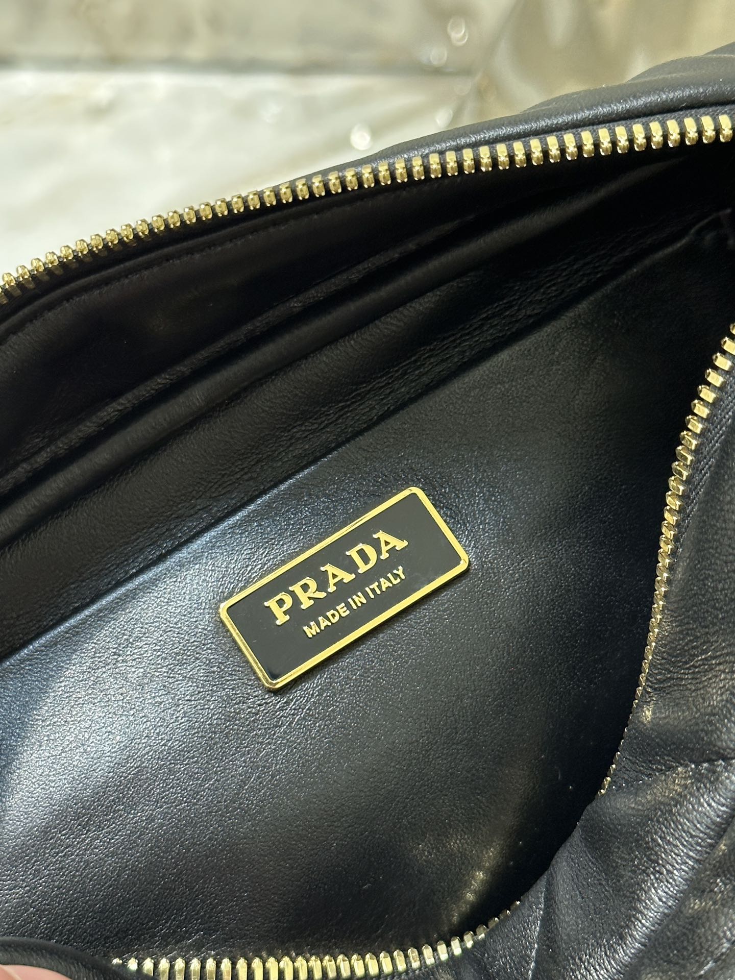 CAMERA BAG 22 IN BLACK TRIANGLE PATTERN QUILTED LAMBSKIN GOLD HARDWARE