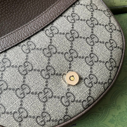 OPHIDIA MINI SHOULDER BAG 20 WITH WEB IN BEIGE EBONY CANVAS MIX BROWN CALFSKIN