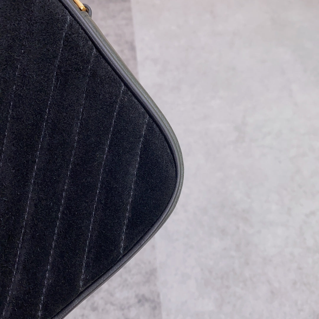 LOU CAMERA BAG 23 IN BLACK SUEDE AND CALFSKIN TRIM