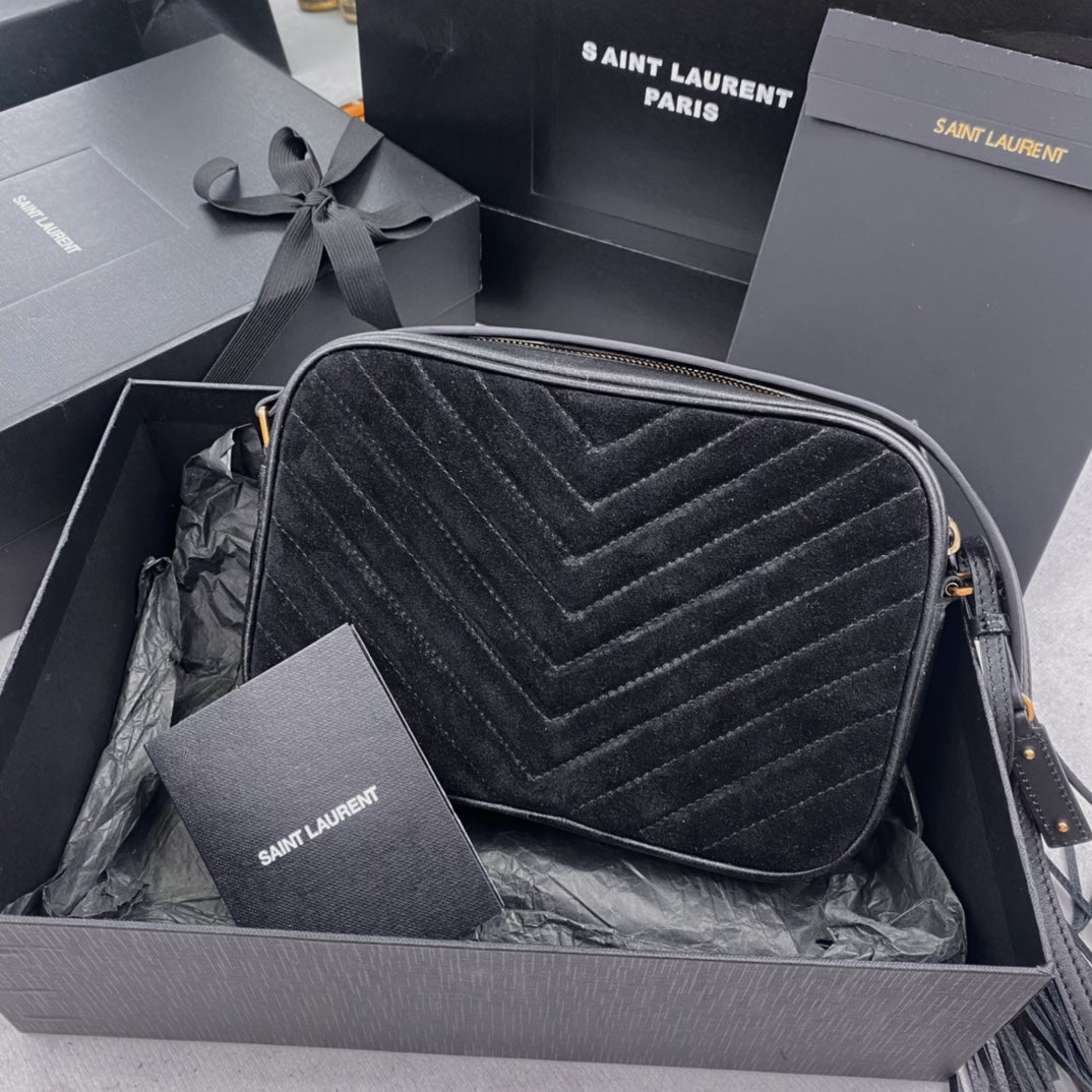 LOU CAMERA BAG 23 IN BLACK SUEDE AND CALFSKIN TRIM