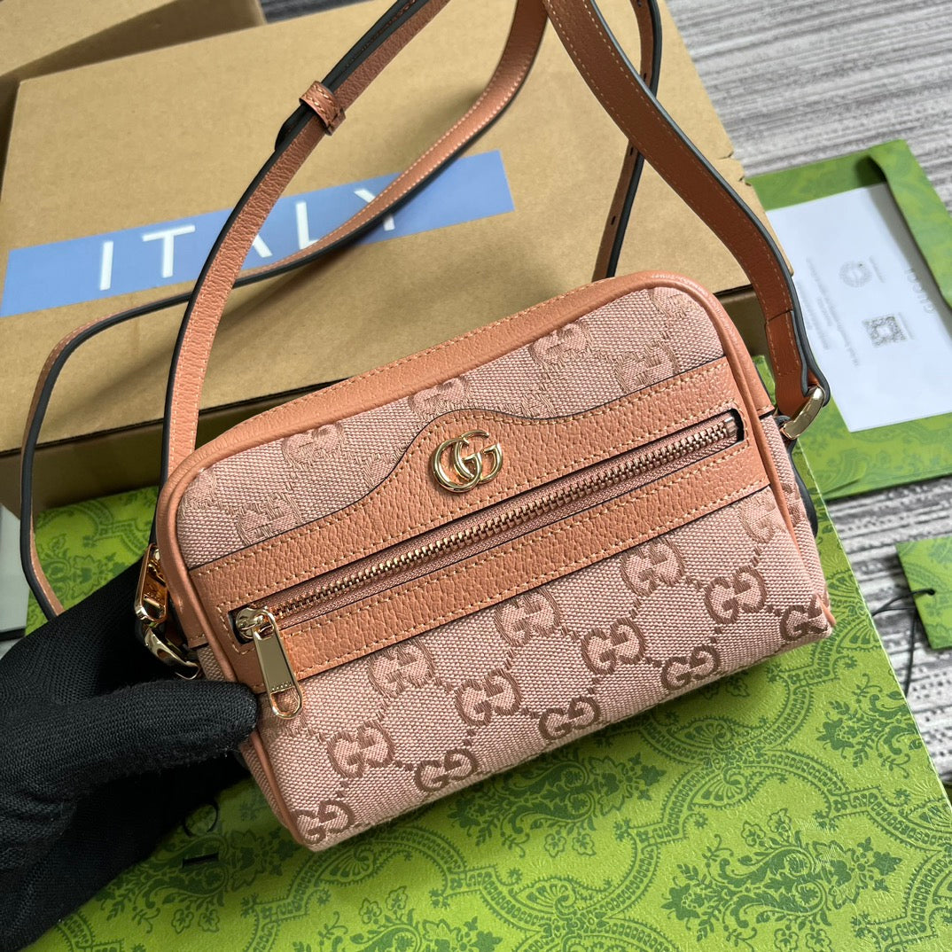 OPHIDIA GG MINI 17 BAG IN LIGHT PINK CANVAS AND CALFKSKIN