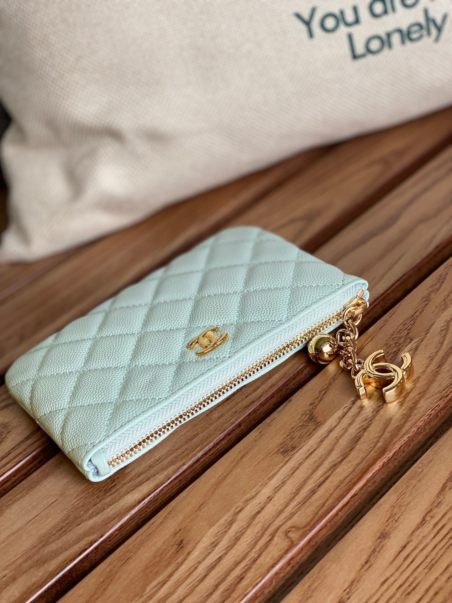 cc zipped wallet 14cm light cloud blue caviar gold hardware