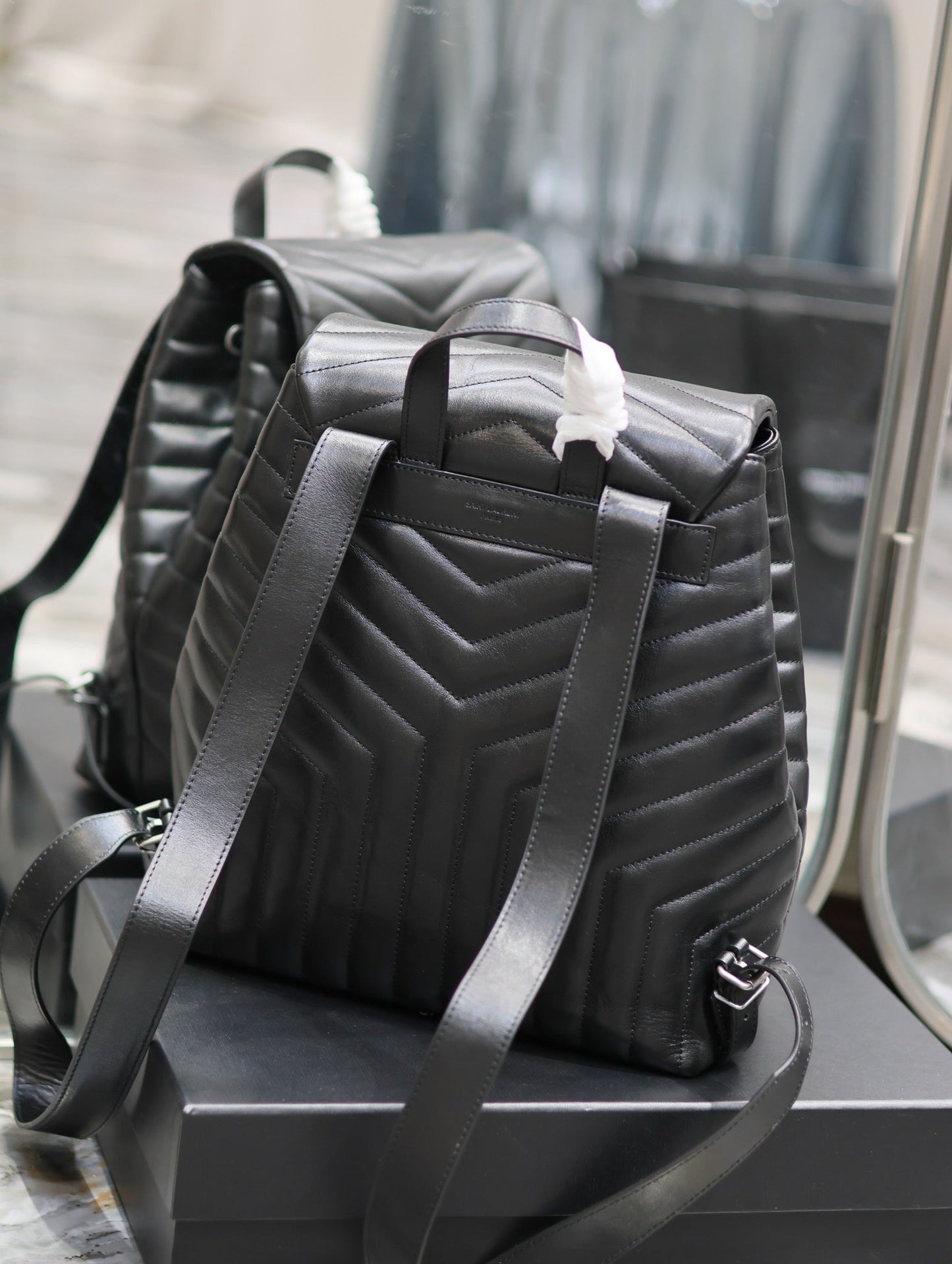 LOU BACKPACK 33 IN BLACK QUILTED CALFSKIN SILVER HARDWARE