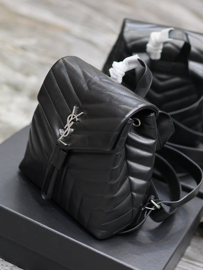 LOU BACKPACK 26 IN BLACK QUILTED CALFSKIN SILVER HARDWARE