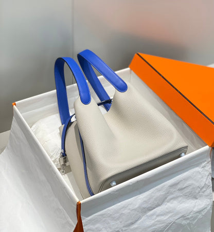 HM PICOTIN LOCK 22 WHITE AND COBALT TOGO LEATHER