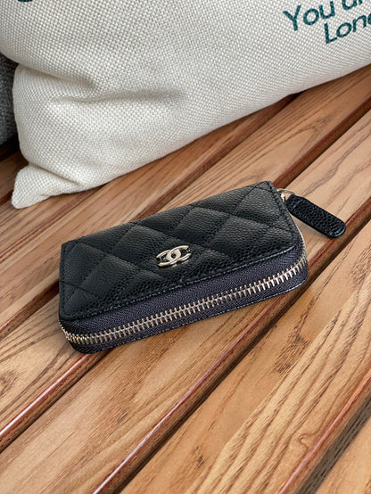 cc zipped wallet 7.5cm black caviar silver hardware