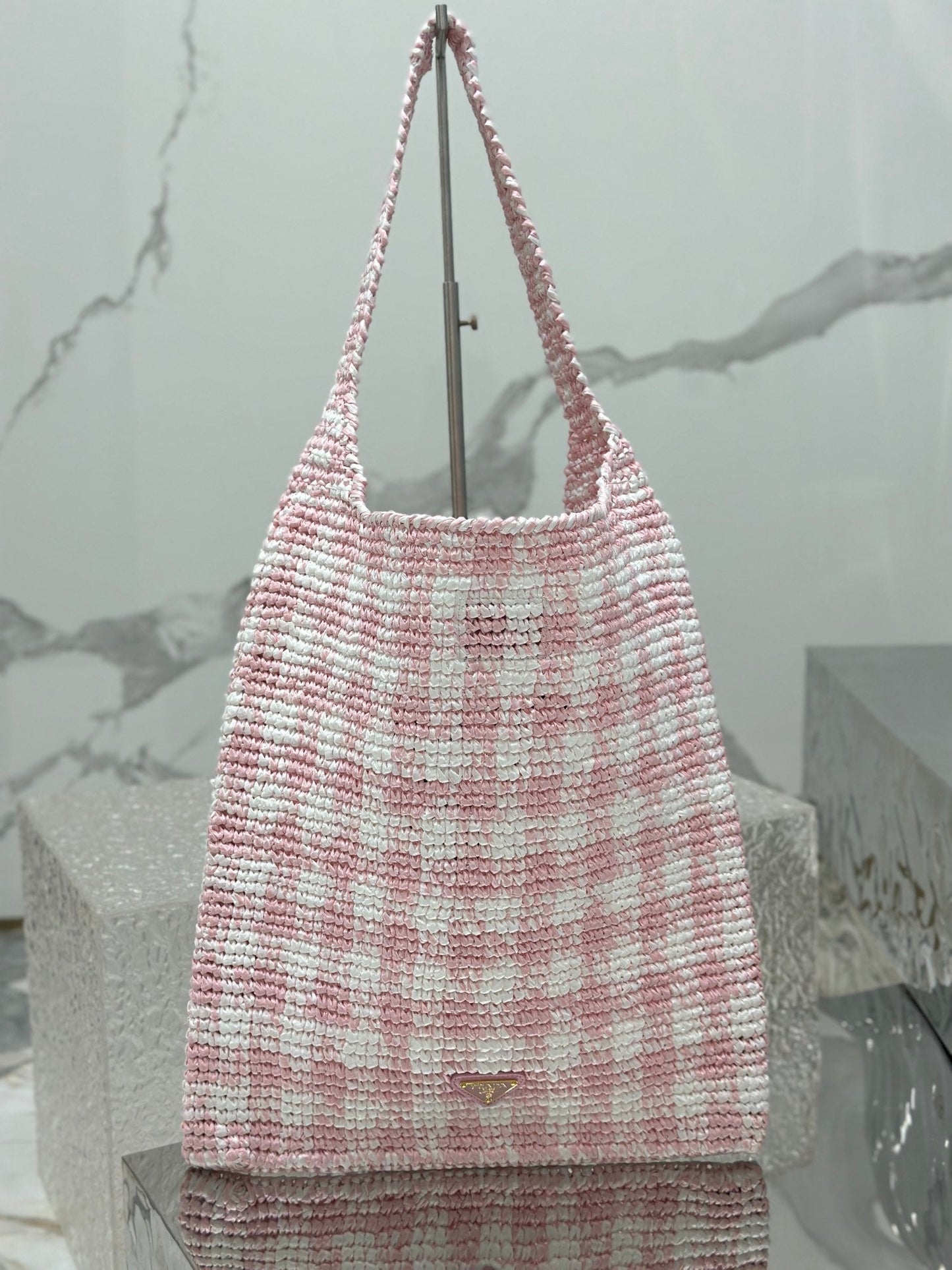 LARGE TOTE BAG 45 IN PINK MIX WHITE AND BLACK WOVEN RAFFIA