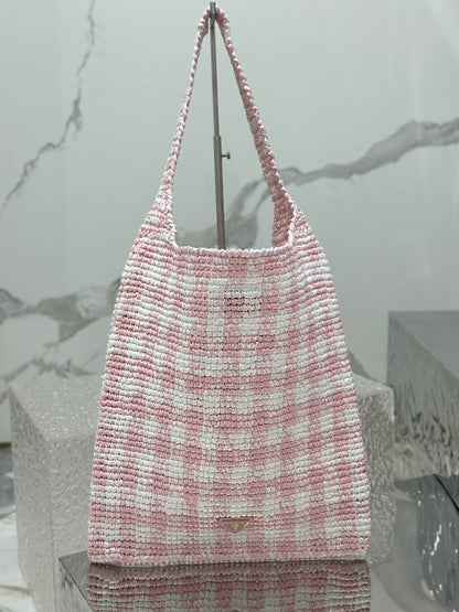 LARGE TOTE BAG 45 IN PINK MIX WHITE AND BLACK WOVEN RAFFIA