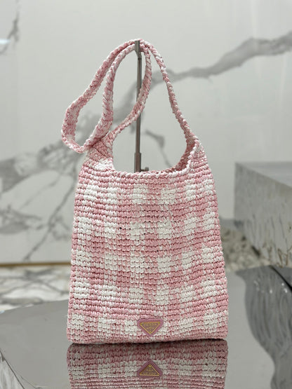 SMALL TOTE BAG 29 IN PINK MIX WHITE AND BLACK WOVEN RAFFIA