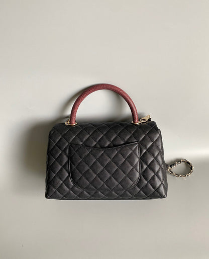 coco handle medium flap bag 28cm black quilted caviar dark red top handle
