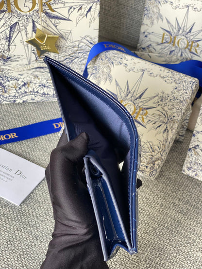 CD Caro 11cm Compact Wallet Shiny Blue Calfskin