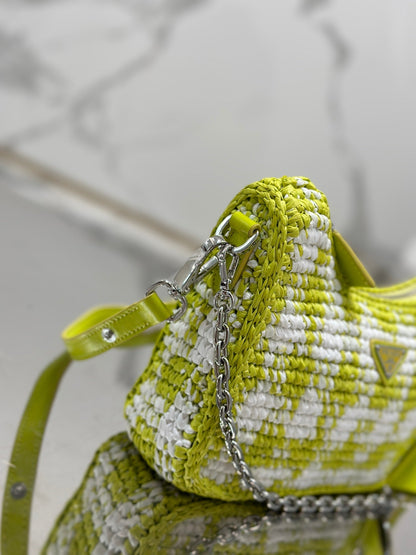 CROCHET HOBO BAG 22 IN VOLT GREEN MIX WHITE RAFFIA SILVER HARDWARE
