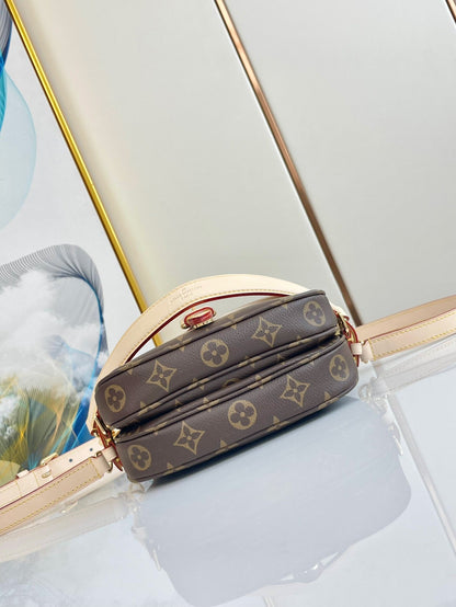 SAUMUR BB 20 BROWN MONOGRAM CANVAS AND LEATHER TRIM GOLD HARDWARE