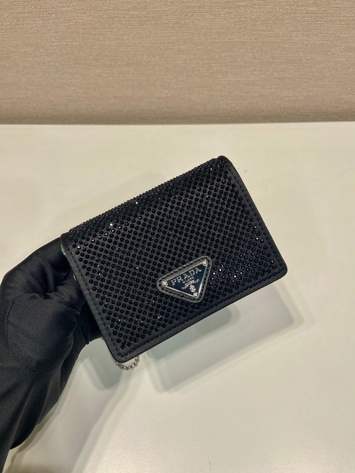 MINI FLAP BAG 11 IN BLACK DUCHESSE FABRIC ATTACHED FULL CRYSTALS SILVER CHAIN