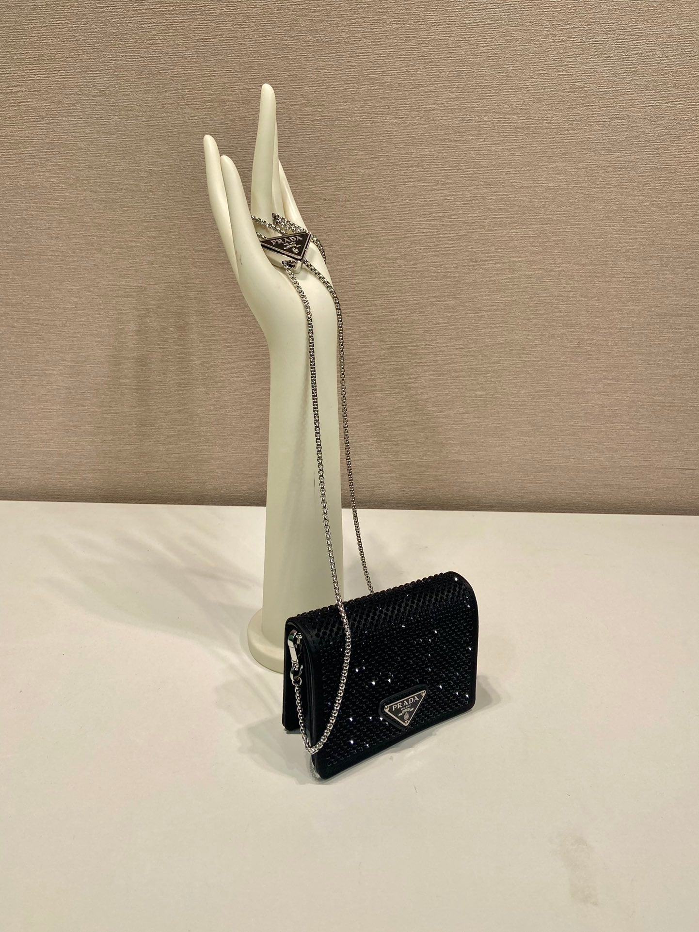 MINI FLAP BAG 11 IN BLACK DUCHESSE FABRIC ATTACHED FULL CRYSTALS SILVER CHAIN