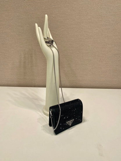 MINI FLAP BAG 11 IN BLACK DUCHESSE FABRIC ATTACHED FULL CRYSTALS SILVER CHAIN