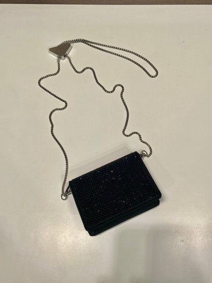 MINI FLAP BAG 11 IN BLACK DUCHESSE FABRIC ATTACHED FULL CRYSTALS SILVER CHAIN