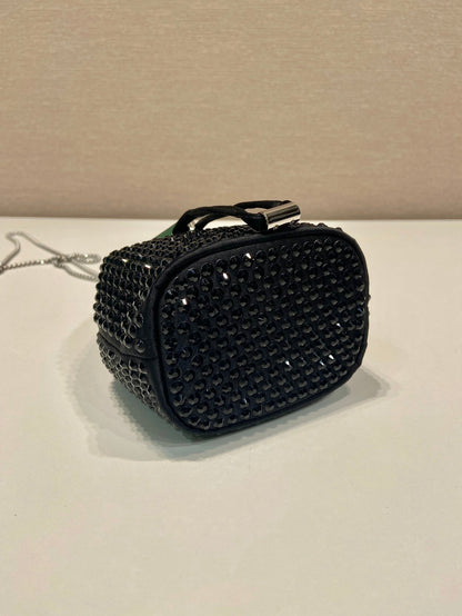 MINI BUCKET BAG 12 IN BLACK NYLON FABRIC EMBELLISHED FULL CRYSTALS