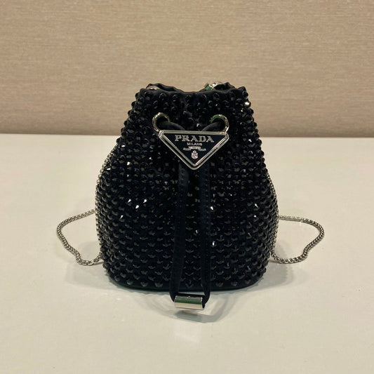 MINI BUCKET BAG 12 IN BLACK NYLON FABRIC EMBELLISHED FULL CRYSTALS