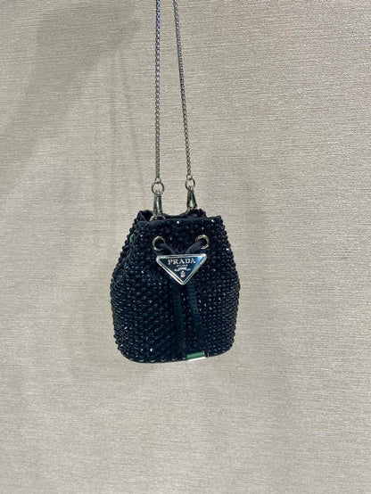 MINI BUCKET BAG 12 IN BLACK NYLON FABRIC EMBELLISHED FULL CRYSTALS