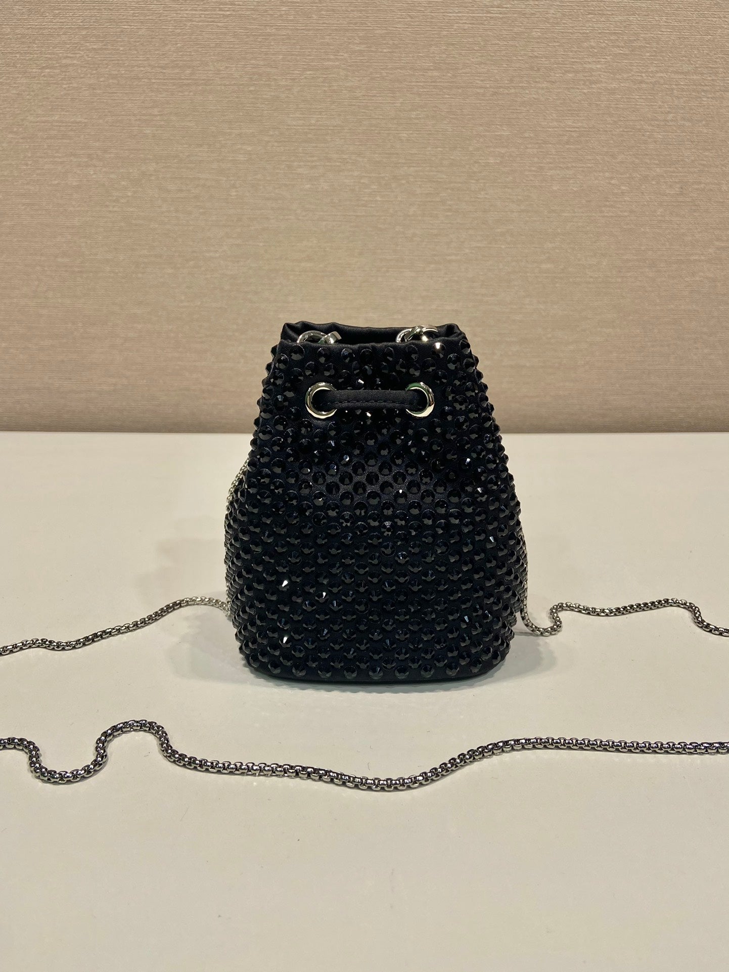 MINI BUCKET BAG 12 IN BLACK NYLON FABRIC EMBELLISHED FULL CRYSTALS