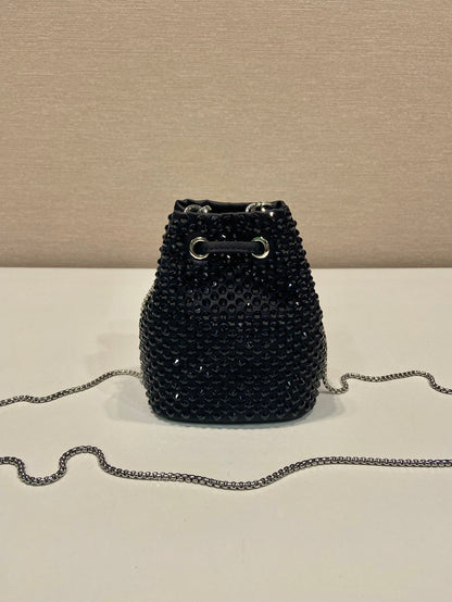 MINI BUCKET BAG 12 IN BLACK NYLON FABRIC EMBELLISHED FULL CRYSTALS