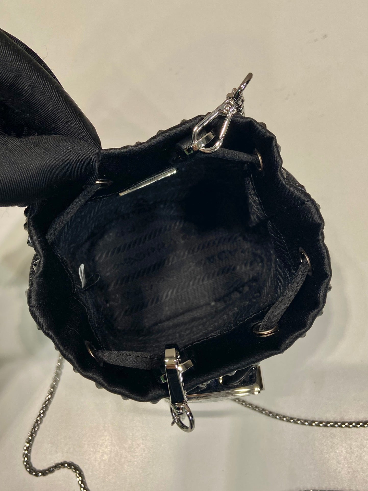 MINI BUCKET BAG 12 IN BLACK NYLON FABRIC EMBELLISHED FULL CRYSTALS