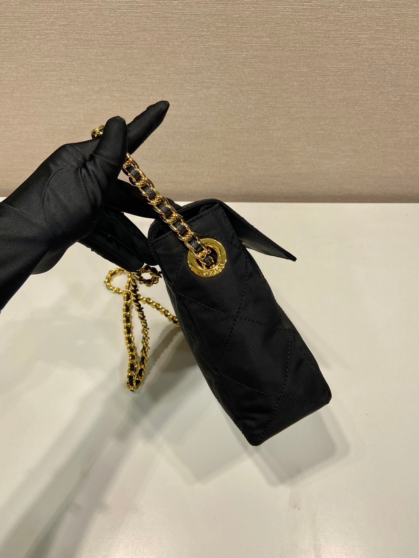 LARGE QUILTED FLAP BAG 23 IN BLACK RE-NYLON FABRIC GOLD CHAIN