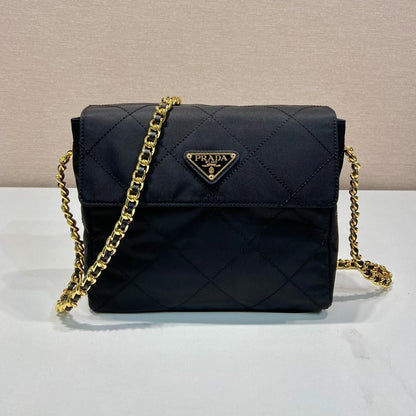 LARGE QUILTED FLAP BAG 23 IN BLACK RE-NYLON FABRIC GOLD CHAIN