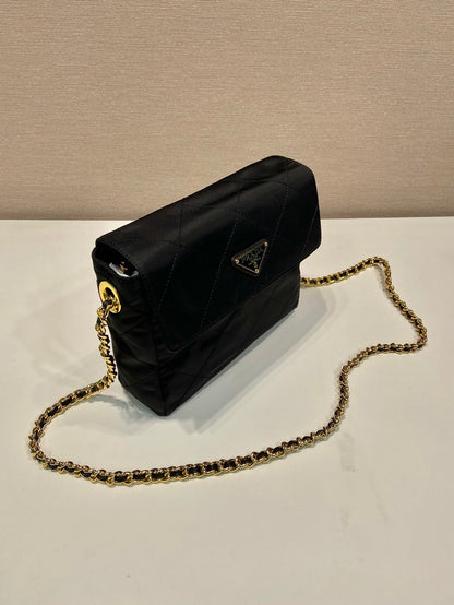 LARGE QUILTED FLAP BAG 23 IN BLACK RE-NYLON FABRIC GOLD CHAIN