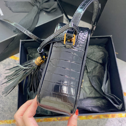 LOU CAMERA BAG 23 IN BLACK CROCODILE PATTERN CALFSKIN GOLD LOGO