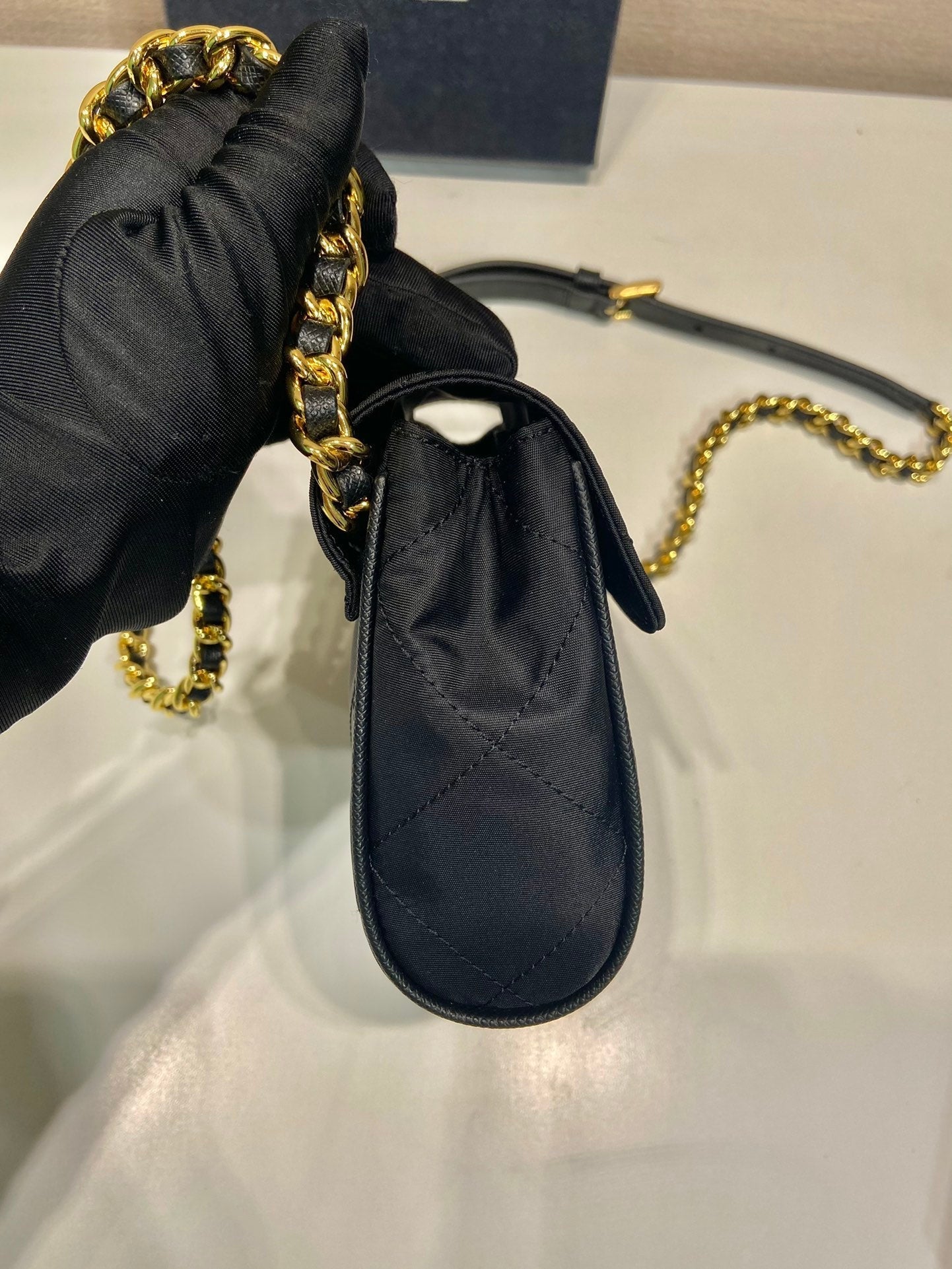 MINI QUILTED FLAP BAG 14 IN BLACK RE-NYLON FABRIC GOLD CHAIN