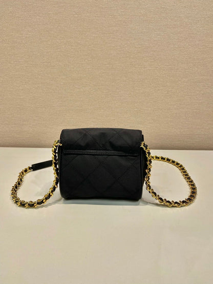 MINI QUILTED FLAP BAG 14 IN BLACK RE-NYLON FABRIC GOLD CHAIN