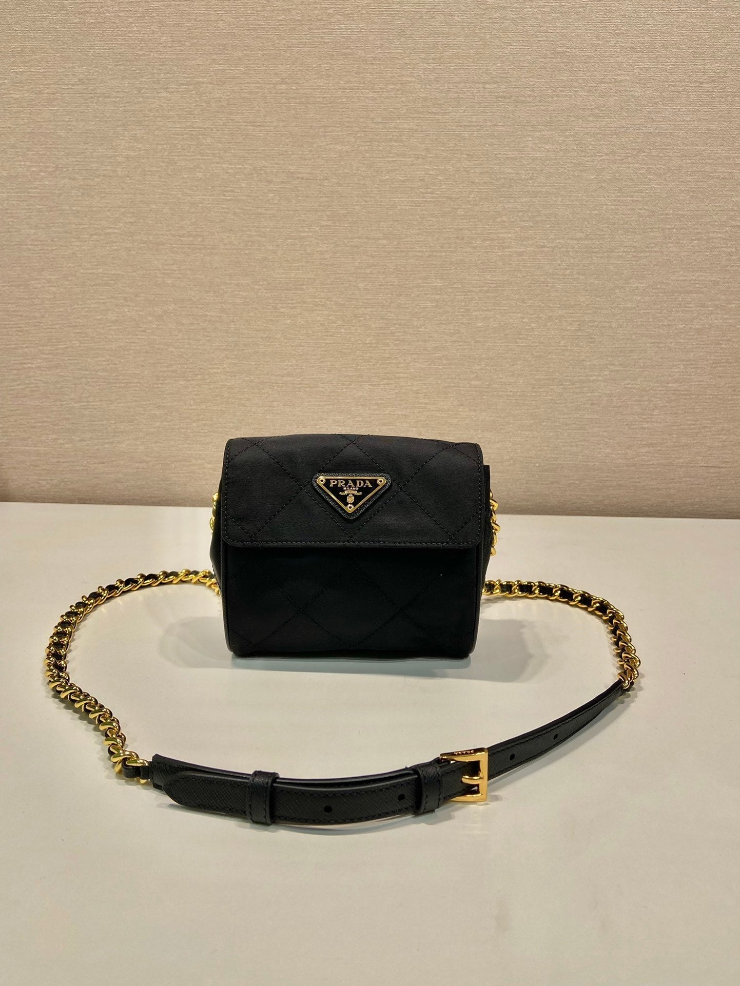 MINI QUILTED FLAP BAG 14 IN BLACK RE-NYLON FABRIC GOLD CHAIN