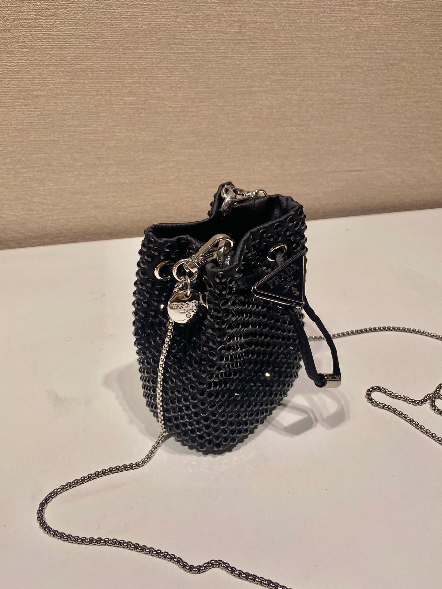 MINI BUCKET BAG 12 IN BLACK NYLON FABRIC EMBELLISHED FULL CRYSTALS