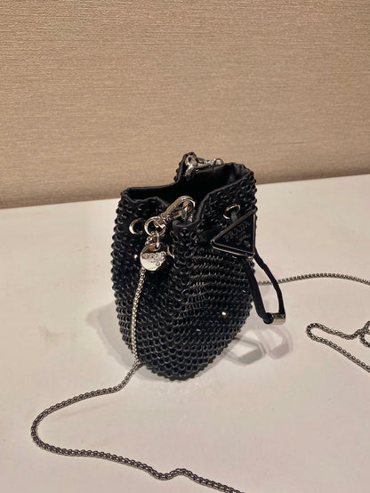 MINI BUCKET BAG 12 IN BLACK NYLON FABRIC EMBELLISHED FULL CRYSTALS