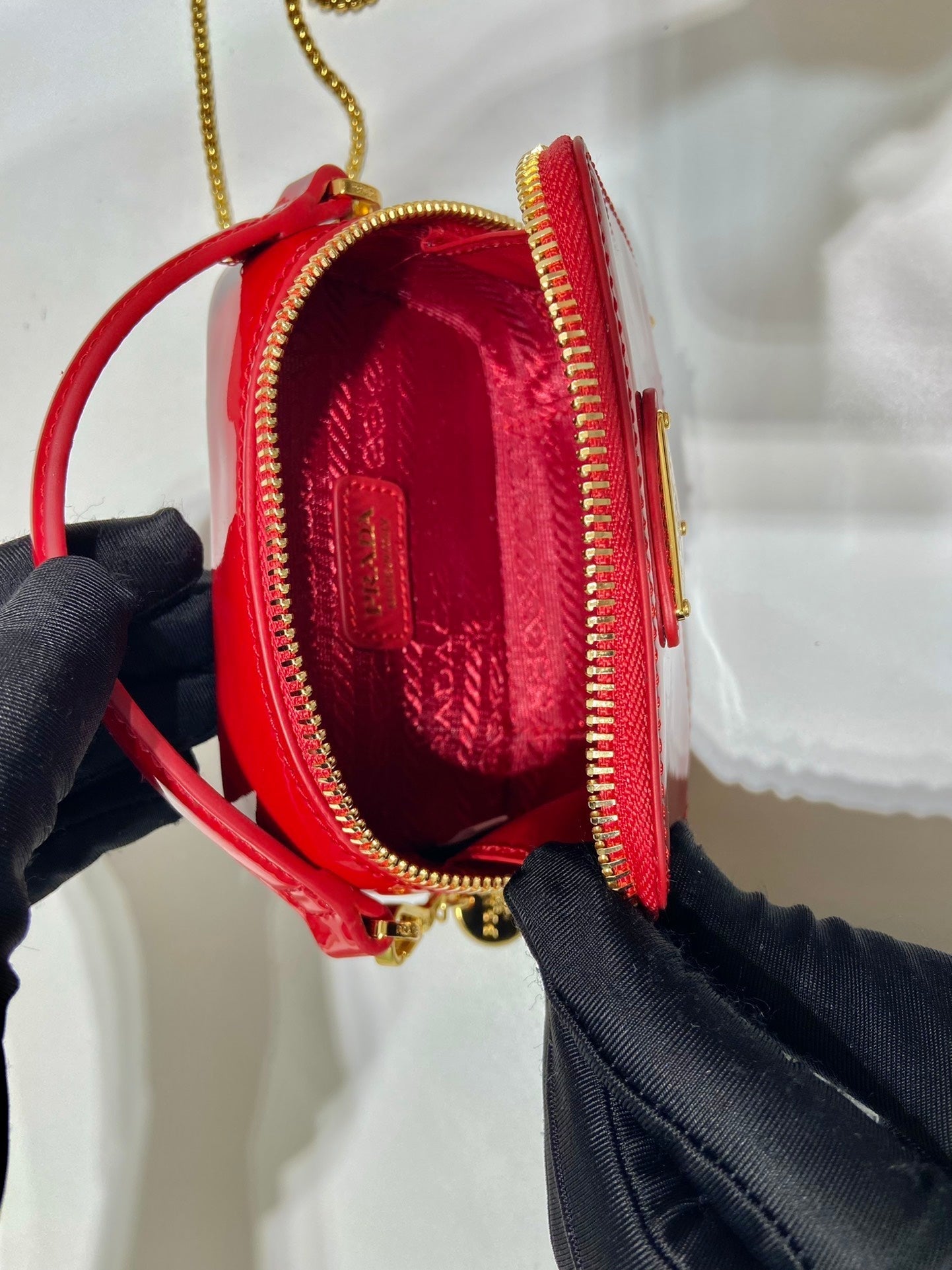 MINI HAND BAG 11 WITH GOLD STRAP IN RED PATENT CALFSKIN