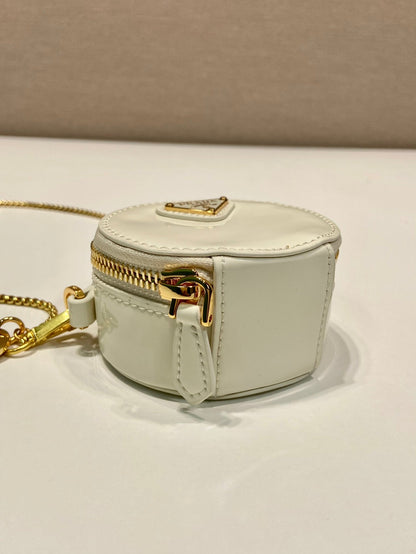 MINI ROUND BAG 8 IN WHITE GLOSSY CALFSKIN GOLD HARDWARE