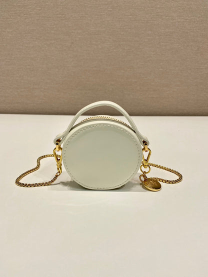 MINI ROUND BAG 8 IN WHITE GLOSSY CALFSKIN GOLD HARDWARE