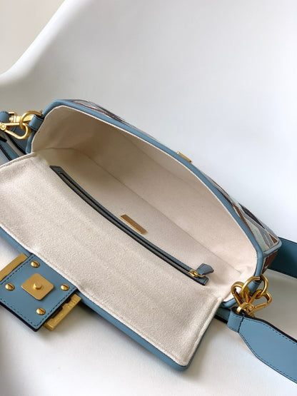 Fend Baguette Sky Blue and Multicolour Canvas Bag 27 with FF Embroidery Ghw