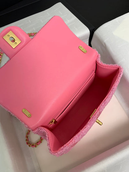 CC 24P Mini Flap Bag 20cm Pink Tweed Pearl Chain Gold Hardware
