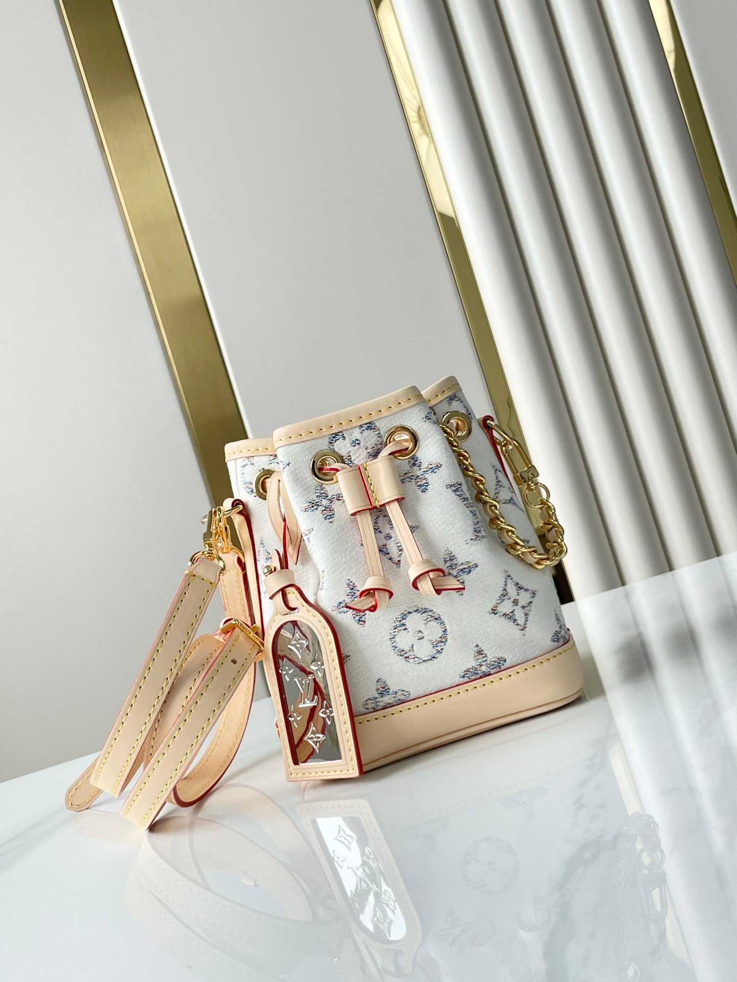 NANO NO¨¦ 16 IN WHITE MONOGRAM JACQUARD FABRIC AND BEIGE CALFSKIN TRIM