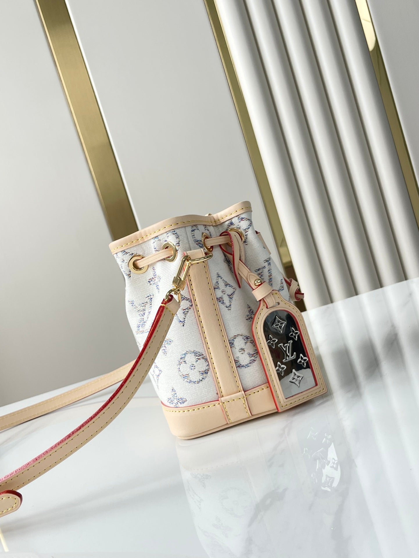 NANO NO¨¦ 16 IN WHITE MONOGRAM JACQUARD FABRIC AND BEIGE CALFSKIN TRIM